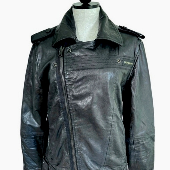 Superdry Ryan Biker Leather Moto Jacket Black Asymmetrical Zip Hip Buckle Size M - Picture 10 of 16